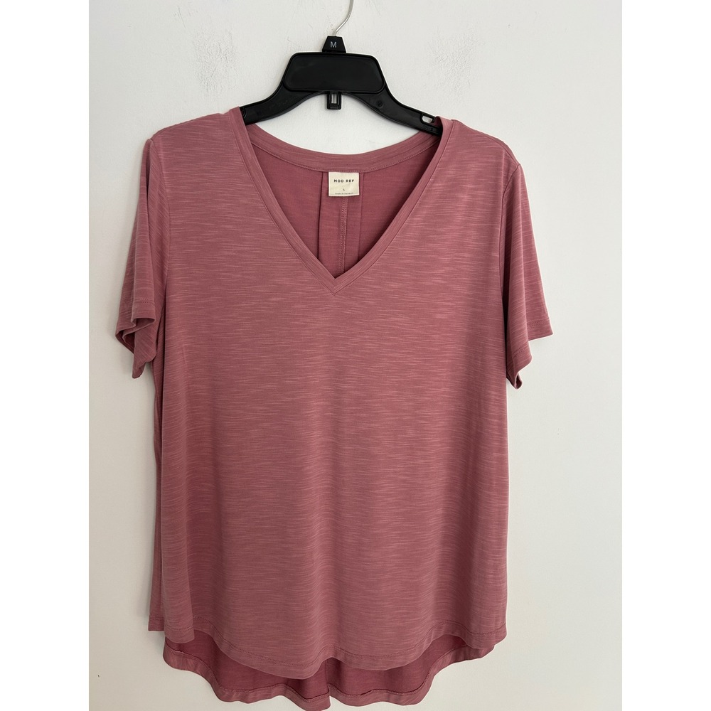 MOD REF Women Mauve Pink Slub Knit V-Neck High-Low Pleat Back Top Large